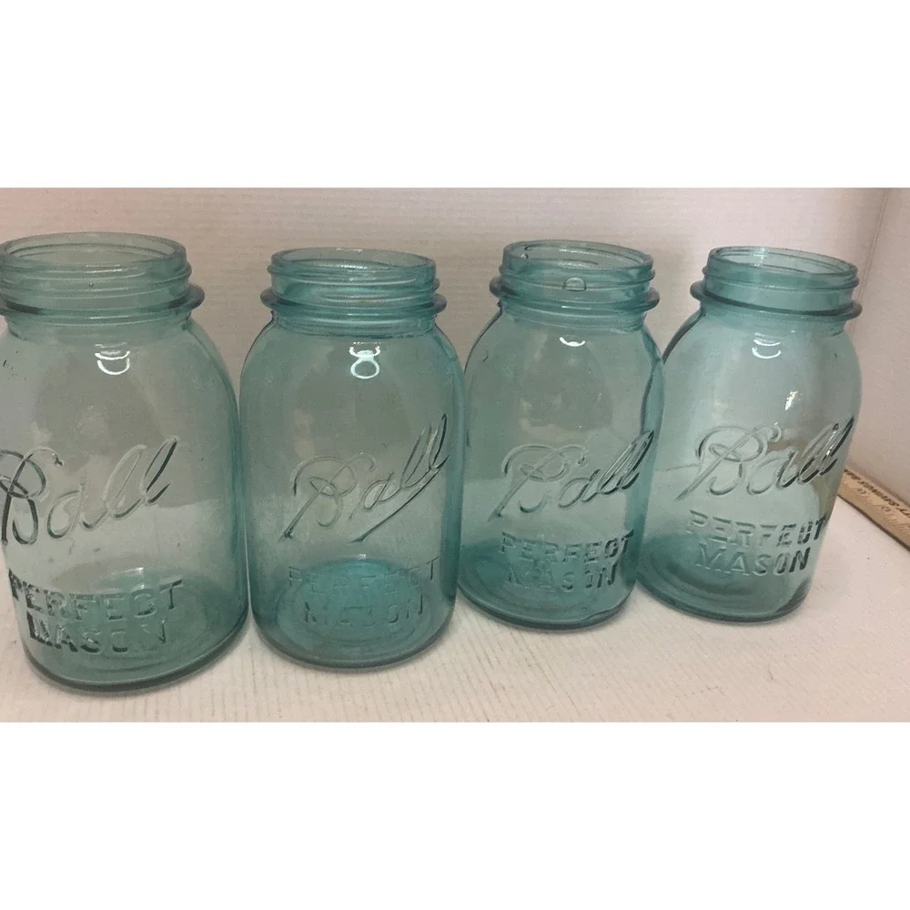 Ball Vintage Mason Jars Set of 4 Aqua Blue Glass Perfect Mason Quart Farmhouse